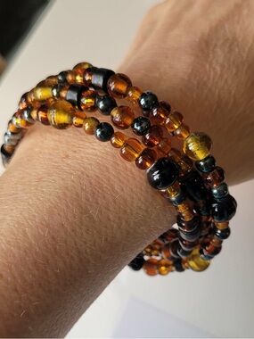 Baltic Amber and Black Multi-Strand Beaded Wrap Bracelet - Women Jewelry